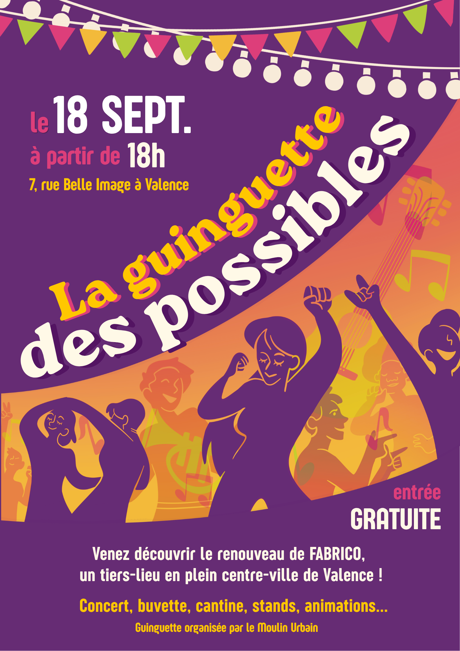 Affiche pour une guinguette. Le 18 septembre à partir de 18 heures, La Guinguettes des Possibles, entrée gratuite. Des silhouettes dansent sur un fond coloré.